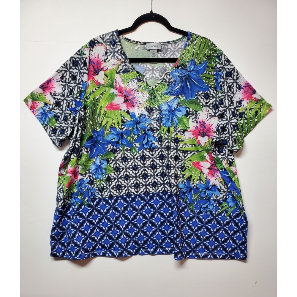 Catherine's Multicolor Floral Top Womens 3X Embroidered Beads & Lace V-neckline